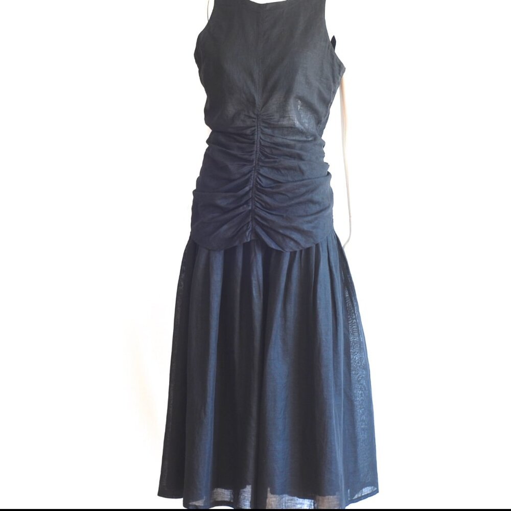 Helen Two-Piece Linen Outfit With Asymmetrical Top Gathering At Front - HK